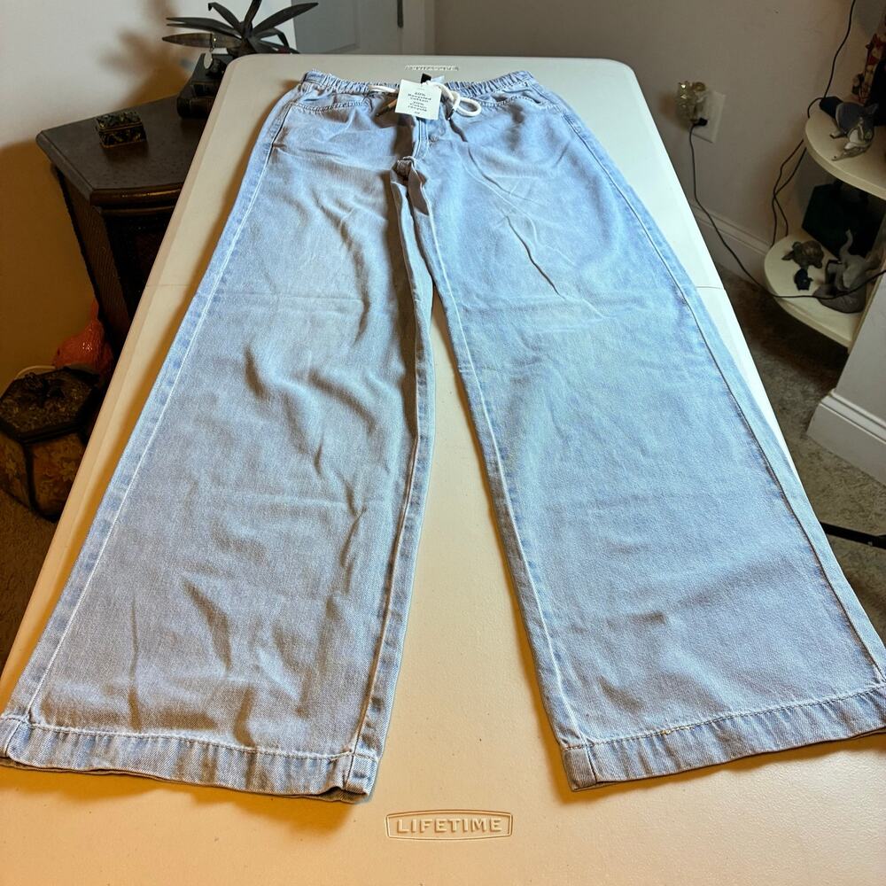 Baggy H&M Divided Wide Leg Jeans XS Light Wash Drawstring Elastic Waist NWT